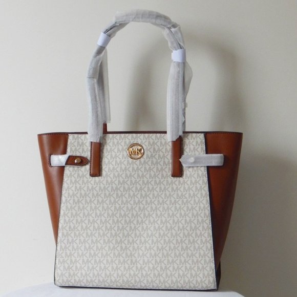 NWT MICHAEL KORS CARMEN MK Monogram LARGE TZ VANILLA BROWN Tote Shoulder Bag… - Picture 2 of 9